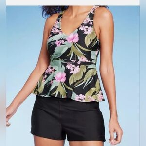 Kona Sol‎ Black and Green Sleeveless Peplum One Piece